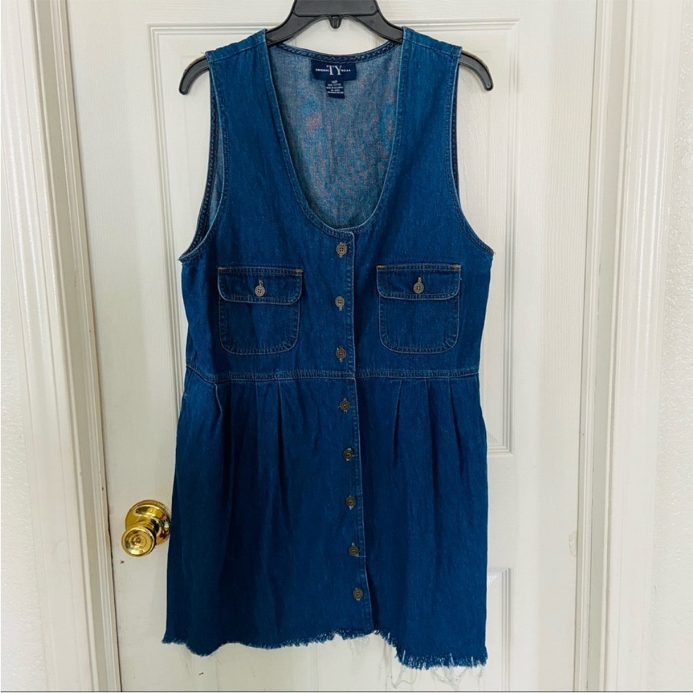 Denim jean pocket front raw hem button up cotton dress size 14P